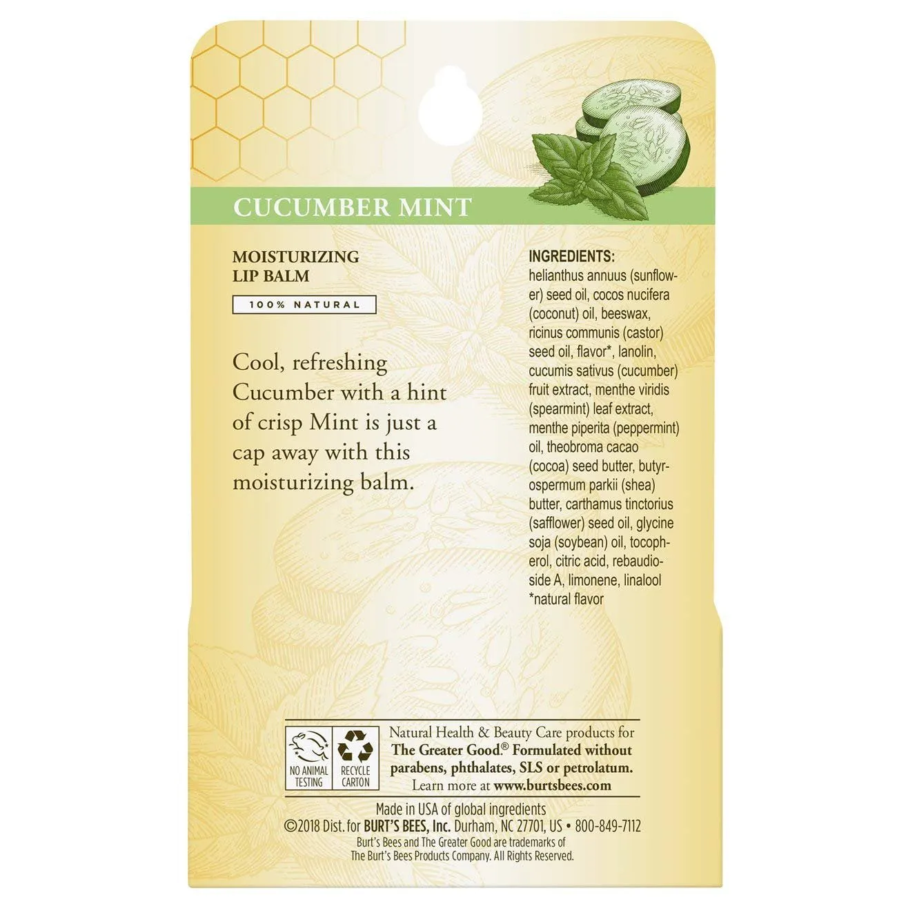 Burt's Bee Cucumber Mint Moisturizing Lip Balm 2 pack