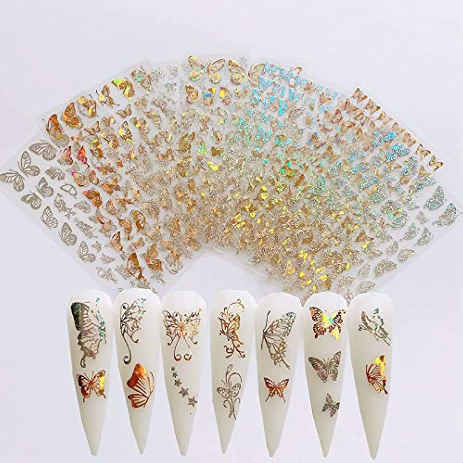 Butterfly Nail Art Stickers Decals Laser Butterfly Nail Designs 3D Gold Silver Butterflies Nail Art Adhesive Sticker Sheets Nail Foil Luxury Butterfly Nail Stickers for Nail Art Decoration (8 Pcs)