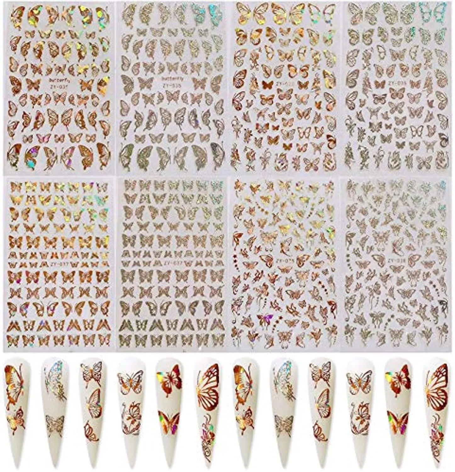 Butterfly Nail Art Stickers Decals Laser Butterfly Nail Designs 3D Gold Silver Butterflies Nail Art Adhesive Sticker Sheets Nail Foil Luxury Butterfly Nail Stickers for Nail Art Decoration (8 Pcs)