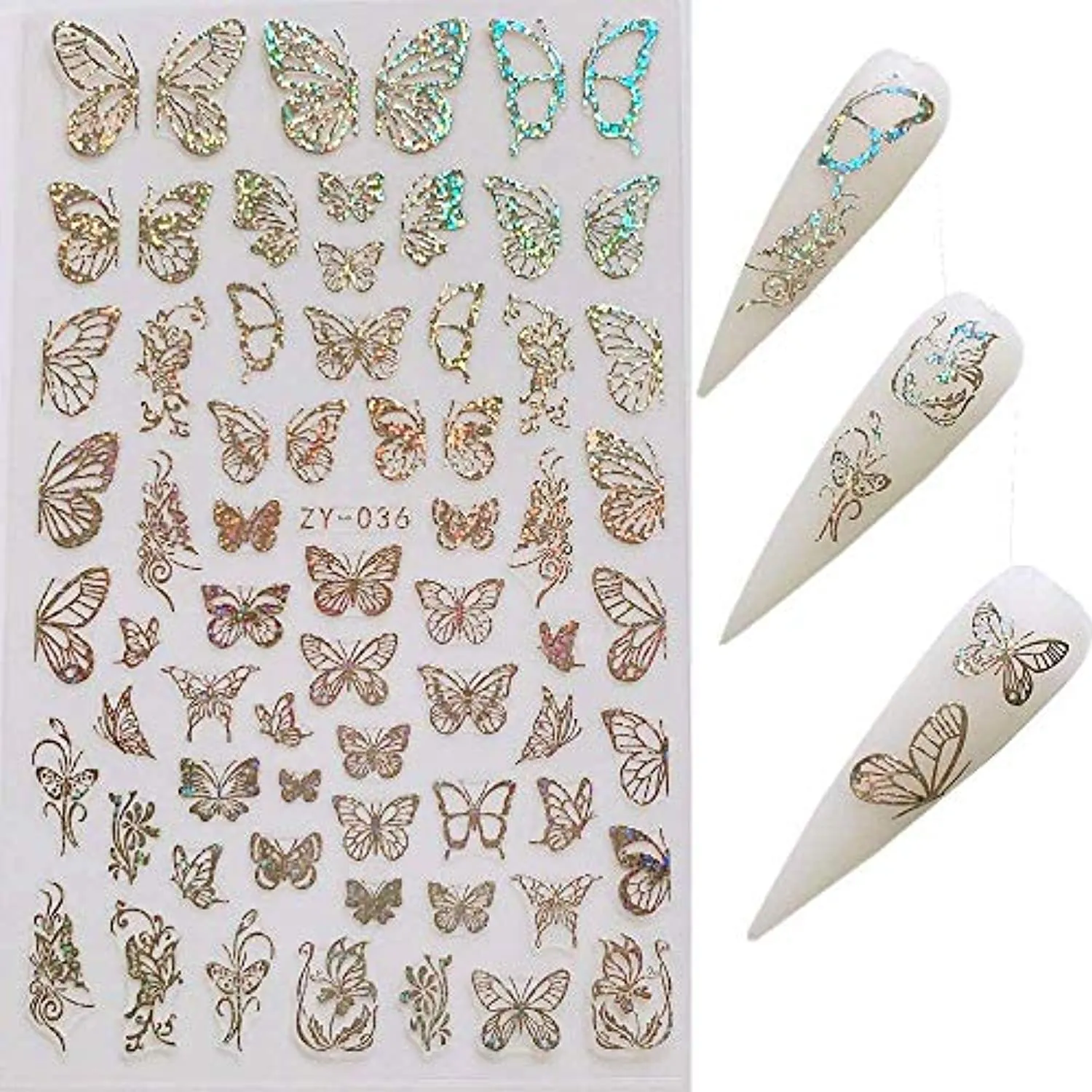 Butterfly Nail Art Stickers Decals Laser Butterfly Nail Designs 3D Gold Silver Butterflies Nail Art Adhesive Sticker Sheets Nail Foil Luxury Butterfly Nail Stickers for Nail Art Decoration (8 Pcs)