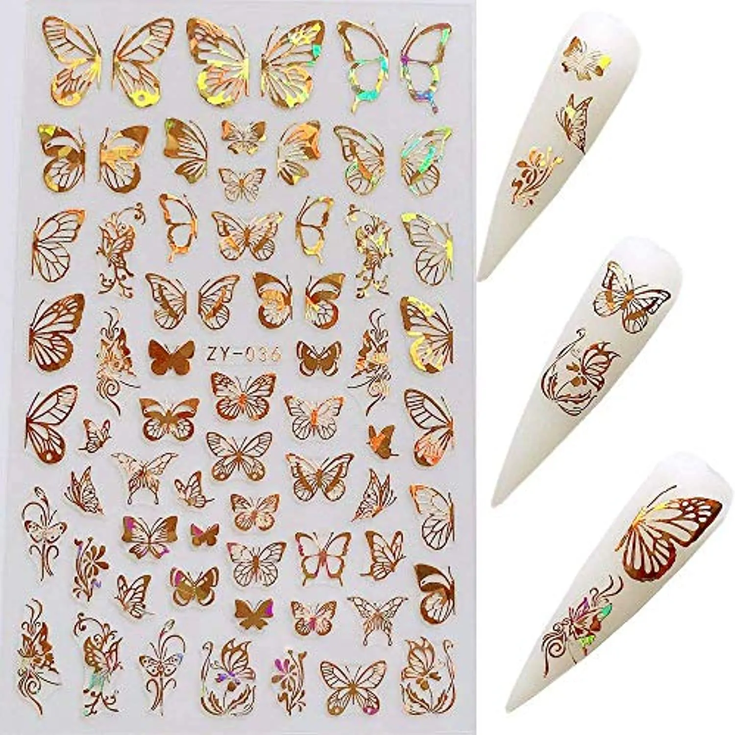 Butterfly Nail Art Stickers Decals Laser Butterfly Nail Designs 3D Gold Silver Butterflies Nail Art Adhesive Sticker Sheets Nail Foil Luxury Butterfly Nail Stickers for Nail Art Decoration (8 Pcs)