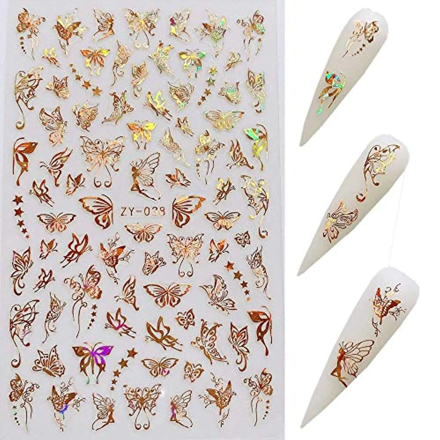 Butterfly Nail Art Stickers Decals Laser Butterfly Nail Designs 3D Gold Silver Butterflies Nail Art Adhesive Sticker Sheets Nail Foil Luxury Butterfly Nail Stickers for Nail Art Decoration (8 Pcs)