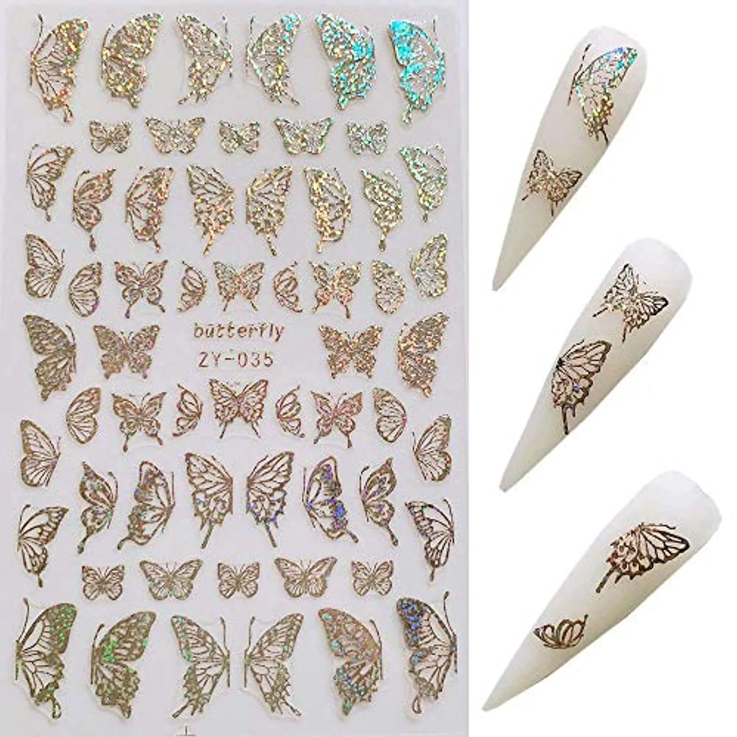 Butterfly Nail Art Stickers Decals Laser Butterfly Nail Designs 3D Gold Silver Butterflies Nail Art Adhesive Sticker Sheets Nail Foil Luxury Butterfly Nail Stickers for Nail Art Decoration (8 Pcs)