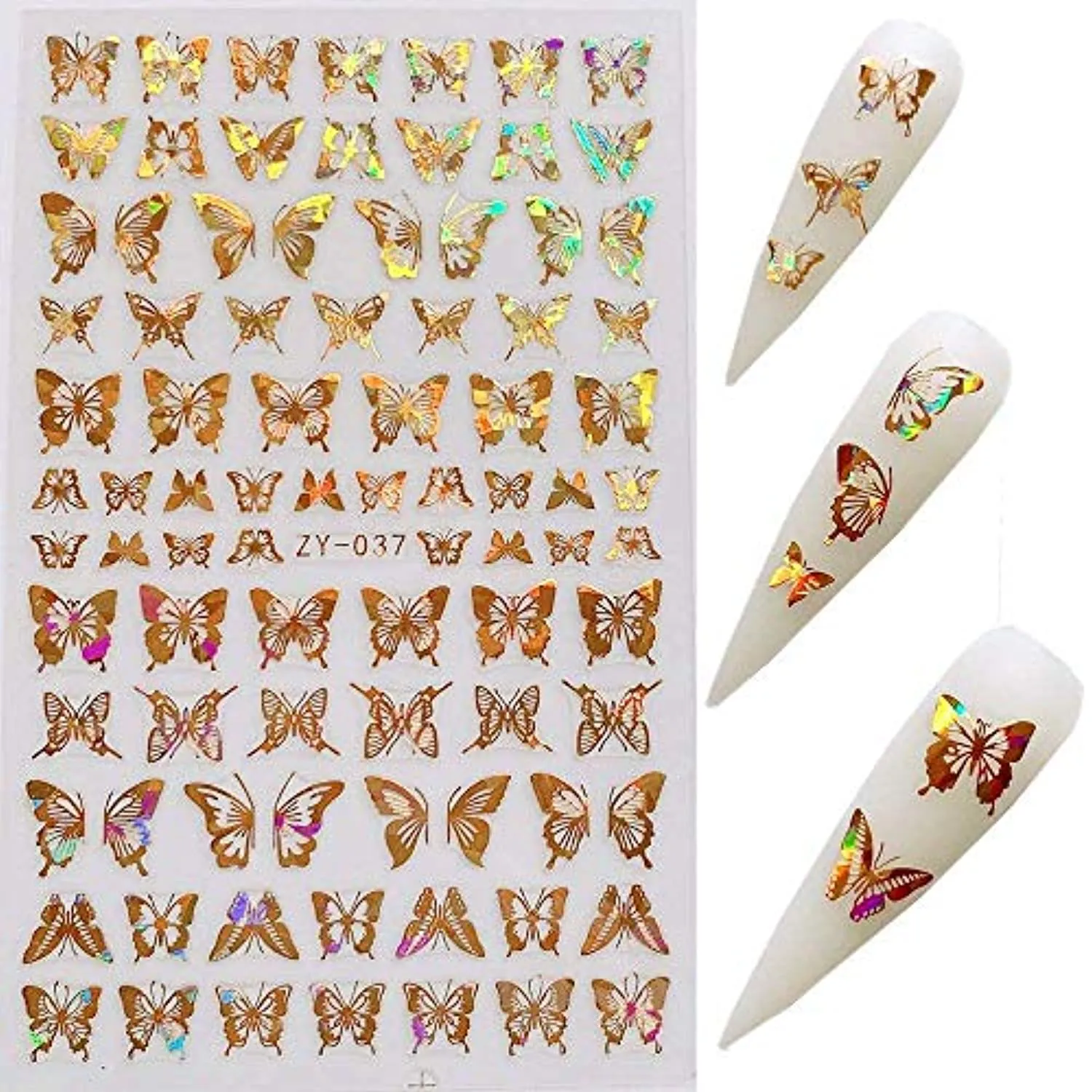 Butterfly Nail Art Stickers Decals Laser Butterfly Nail Designs 3D Gold Silver Butterflies Nail Art Adhesive Sticker Sheets Nail Foil Luxury Butterfly Nail Stickers for Nail Art Decoration (8 Pcs)