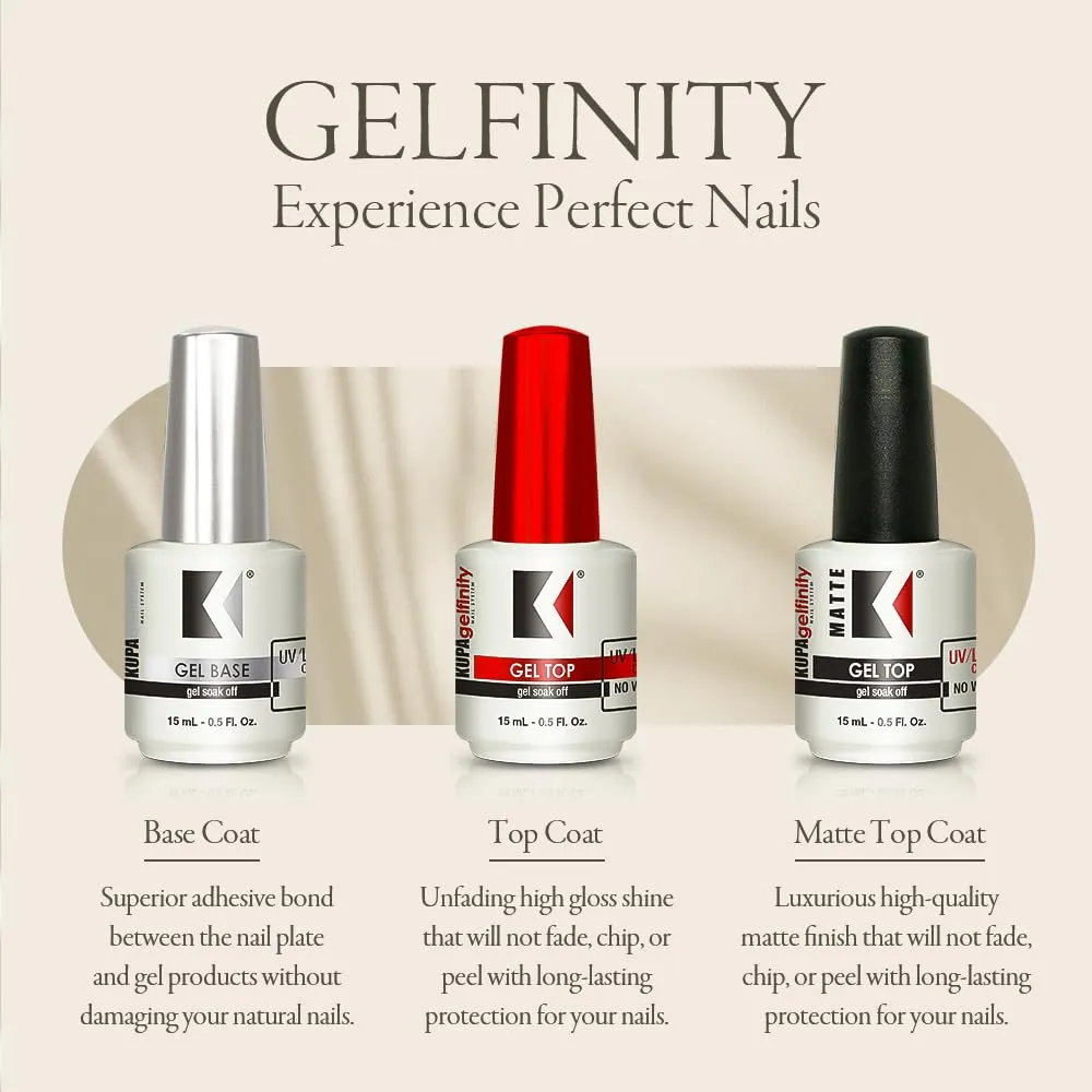 KUPA Gelfinity - Soak Off Gel - Base & Glossy Top & Matte Top Coat (No-Wipe) 0.5 Fl Oz