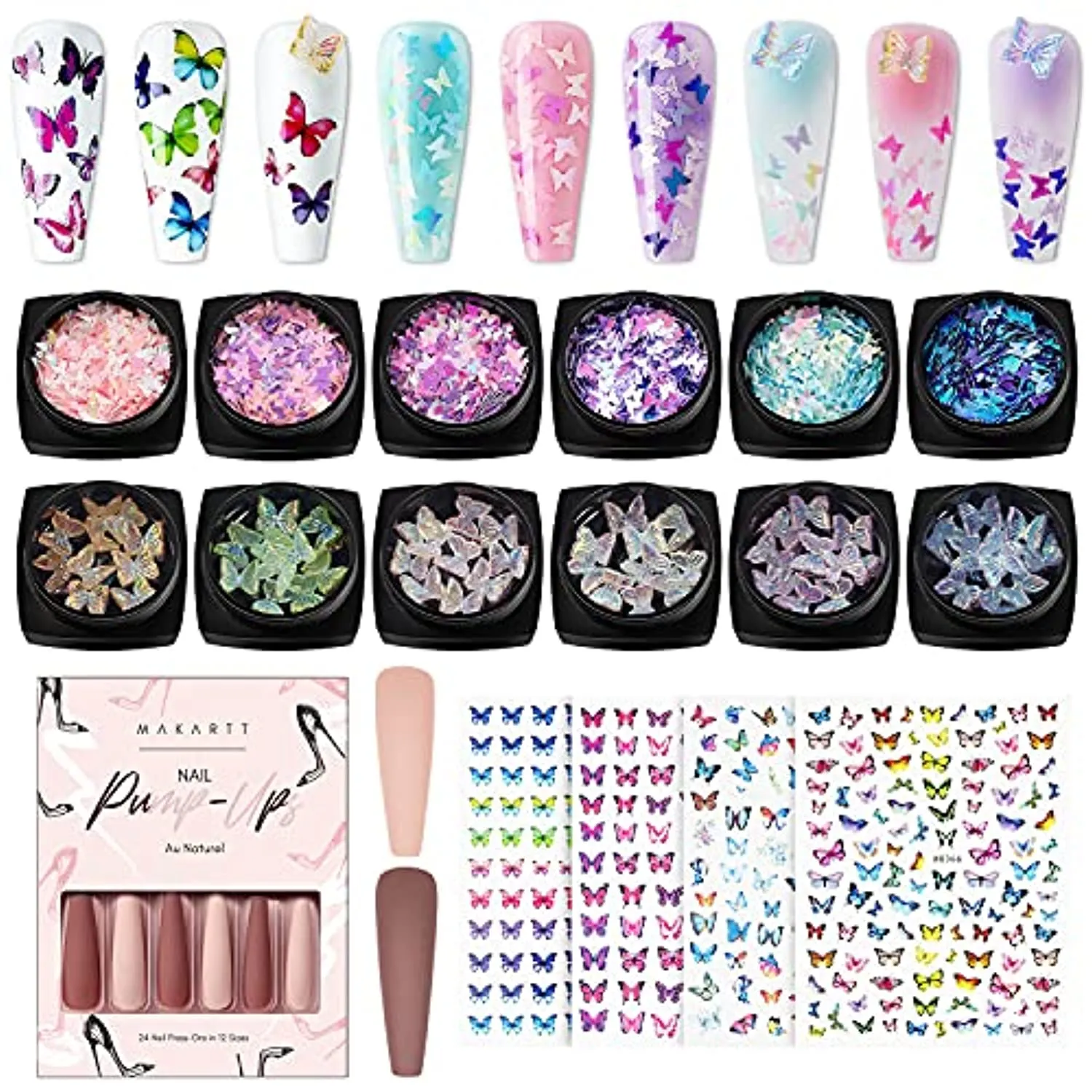 Makartt Nail Decoration Set, Mariposa Mayhem Collection 12 Boxes Butterfly Sequins Nail Glitters Bundle With Press On Nails Kit Long Acrylic Nail Tips Glue On Nails Nude Pink Coffin False Nails