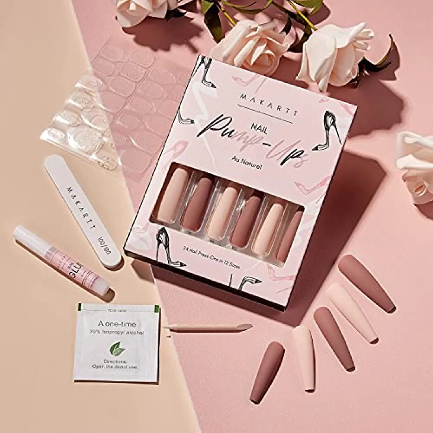 Makartt Nail Decoration Set, Mariposa Mayhem Collection 12 Boxes Butterfly Sequins Nail Glitters Bundle With Press On Nails Kit Long Acrylic Nail Tips Glue On Nails Nude Pink Coffin False Nails
