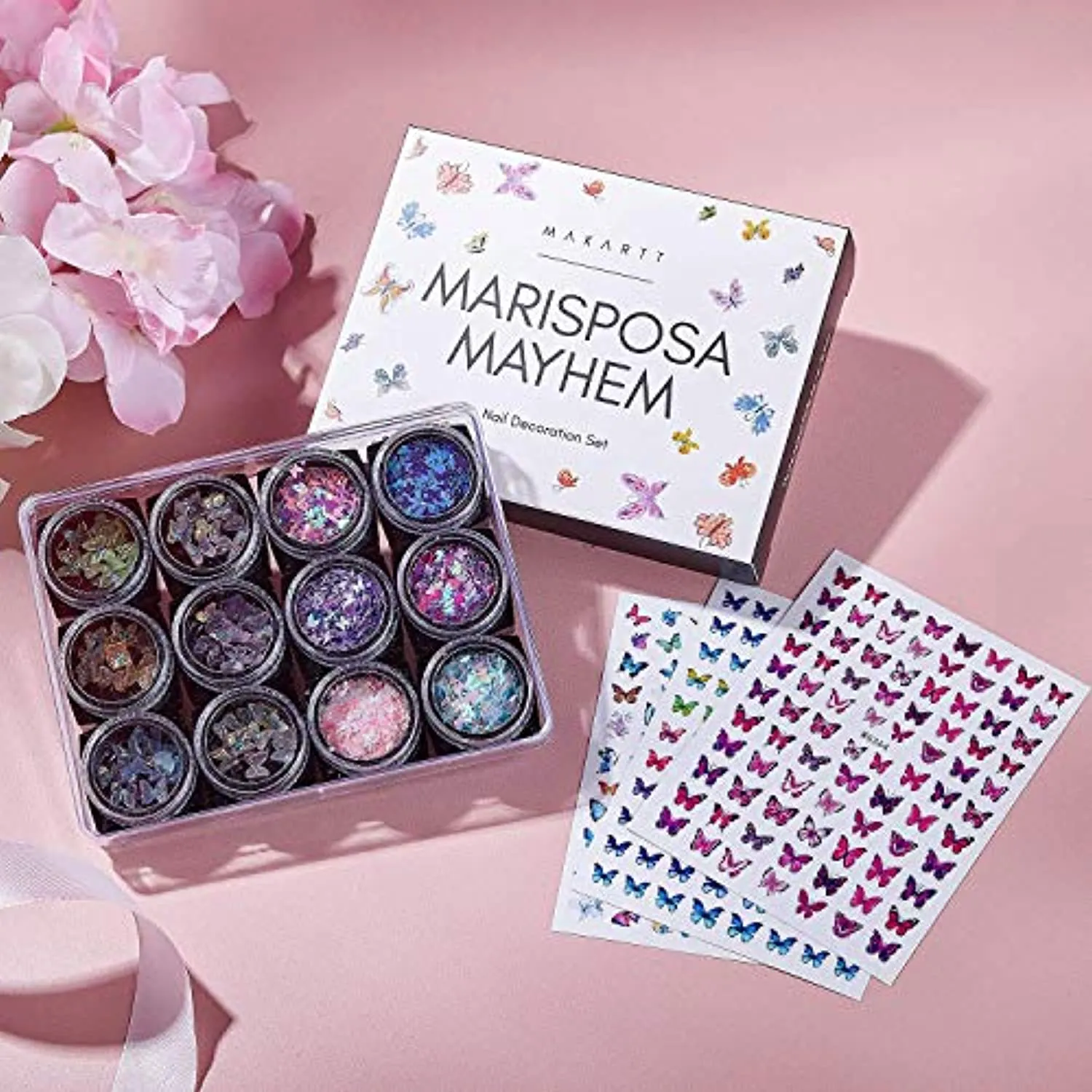 Makartt Nail Decoration Set, Mariposa Mayhem Collection 12 Boxes Butterfly Sequins Nail Glitters Bundle With Press On Nails Kit Long Acrylic Nail Tips Glue On Nails Nude Pink Coffin False Nails