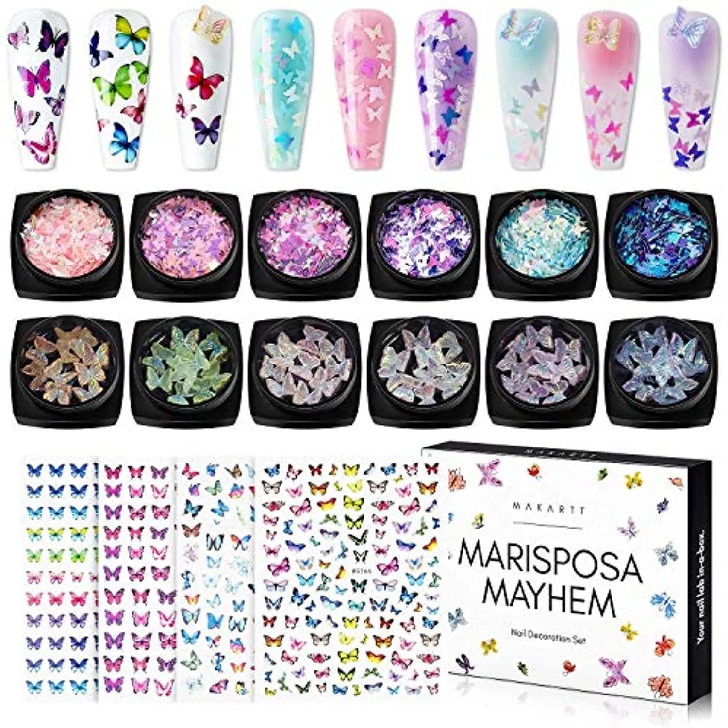 Makartt Nail Decoration Set, Mariposa Mayhem Collection 12 Boxes Butterfly Sequins Nail Glitters Bundle With Press On Nails Kit Long Acrylic Nail Tips Glue On Nails Nude Pink Coffin False Nails