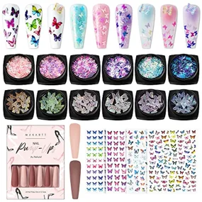 Makartt Nail Decoration Set, Mariposa Mayhem Collection 12 Boxes Butterfly Sequins Nail Glitters Bundle With Press On Nails Kit Long Acrylic Nail Tips Glue On Nails Nude Pink Coffin False Nails