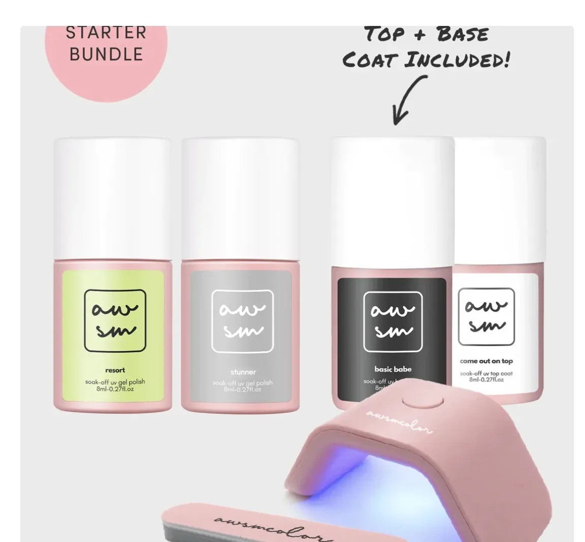 New AwsmColor Beach Babe Starter Gel Nail Polish Kit with Base Coat, Top Coat, UV Lamp, Clean Up Packs, Nail File & 2 Gel Polish in colours Resort & Stunner